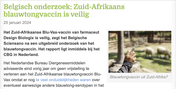 Belgisch onderzoek: Zuid-Afrikaans blauwtongvaccin is veilig